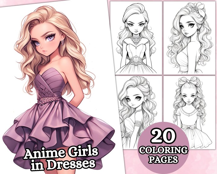 Cute anime dressed in dresses coloring pages