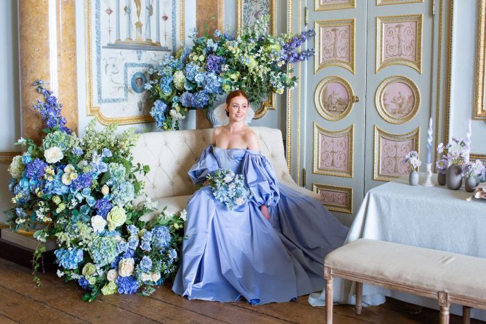 Wedding dress with blue accents