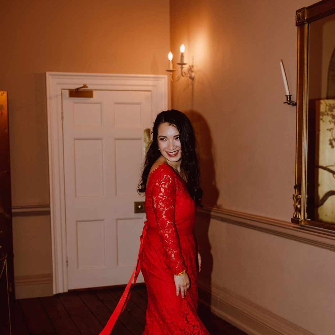 Wedding dress with red lace