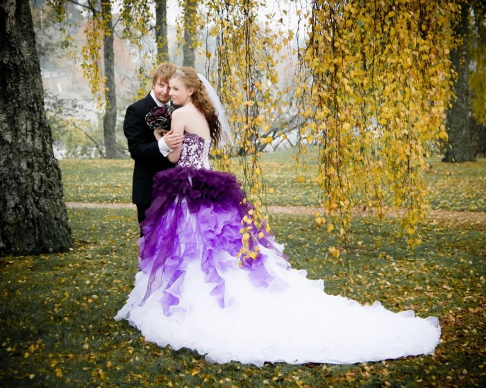 Wedding dress with purple accents