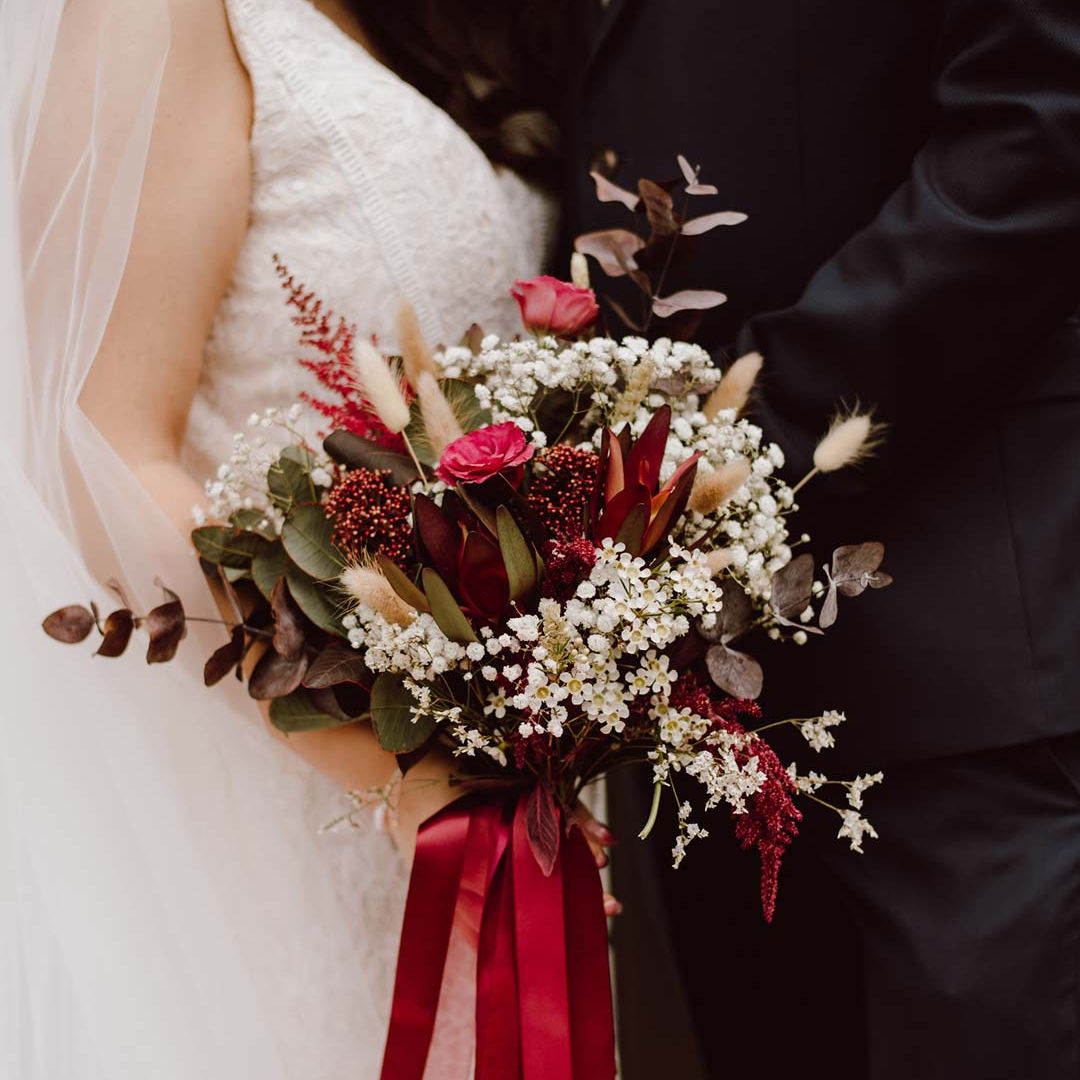 Wedding dress with red lace